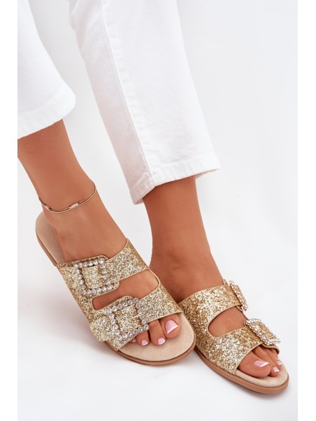 Shiny embellished flip flops with buckles on flat heel gold Tovira