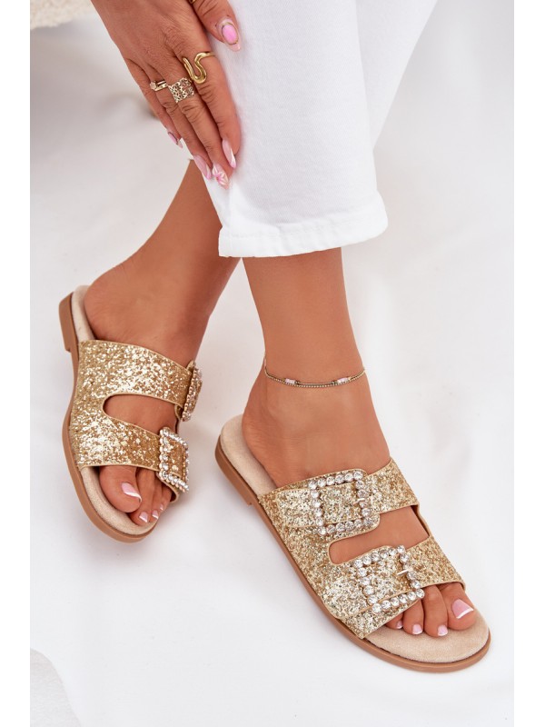 Shiny embellished flip flops with buckles on flat heel gold Tovira