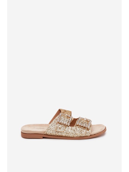 Shiny embellished flip flops with buckles on flat heel gold Tovira
