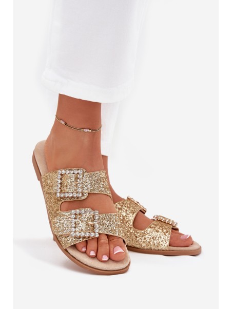 Shiny embellished flip flops with buckles on flat heel gold Tovira