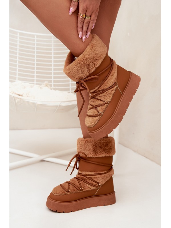 Women's Snow Boots With Fur And Lacing On A Platform Camel Marinna