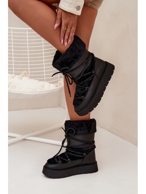 Women's Snow Boots With Fur And Lacing On Platform Black Marinna