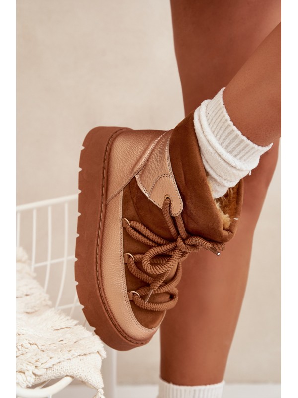 Low Women s Snow Boots Lined With Fur And Thick Laces Camel Xarina