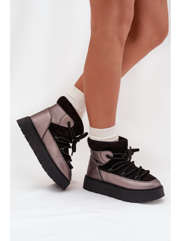 Low Women's Snow Boots Insulated With Fur With Thick Lacing Black Xarina