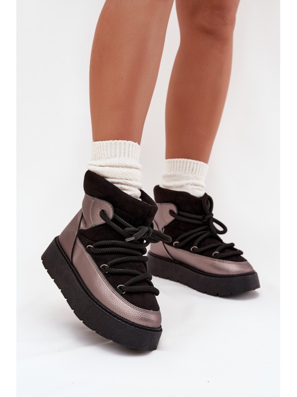 Low Women's Snow Boots Insulated With Fur With Thick Lacing Black Xarina