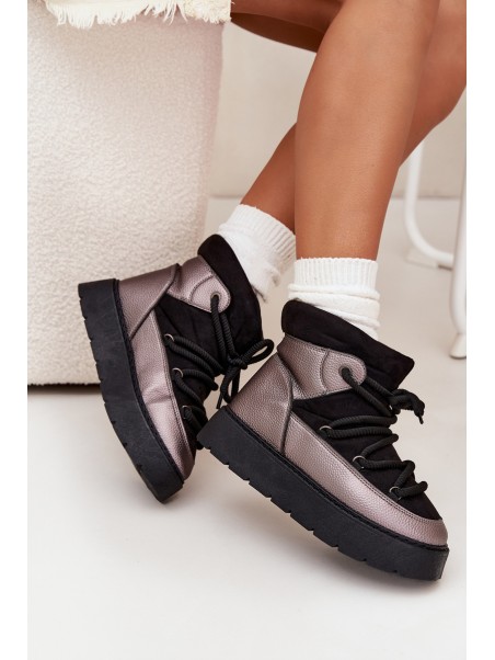 Low Women's Snow Boots Insulated With Fur With Thick Lacing Black Xarina