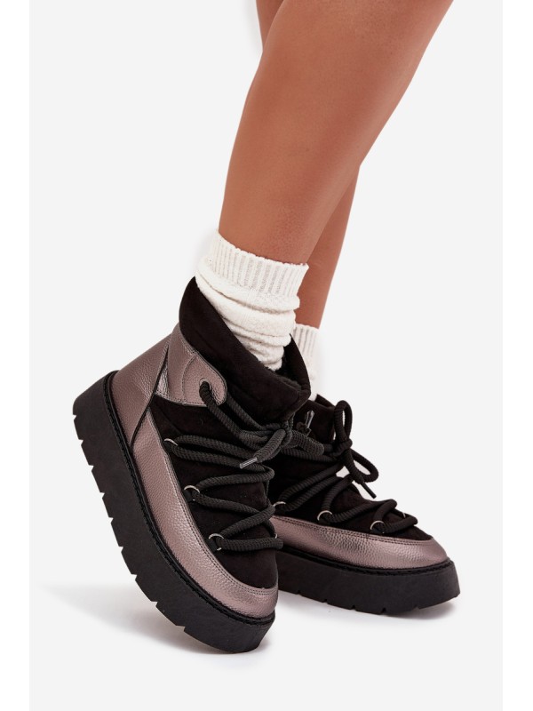 Low Women's Snow Boots Insulated With Fur With Thick Lacing Black Xarina
