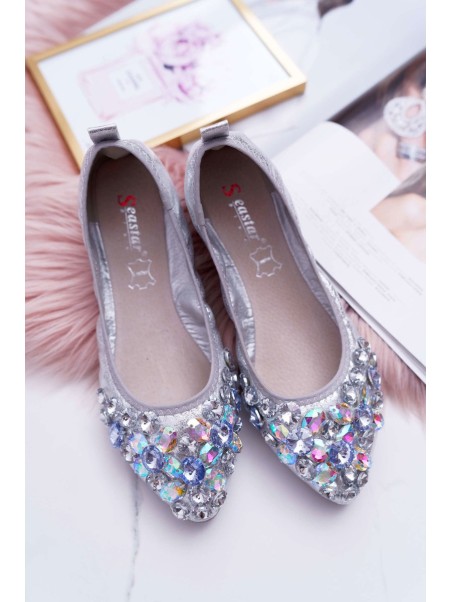 Leather Ballerinas with Stones Silver Crystal