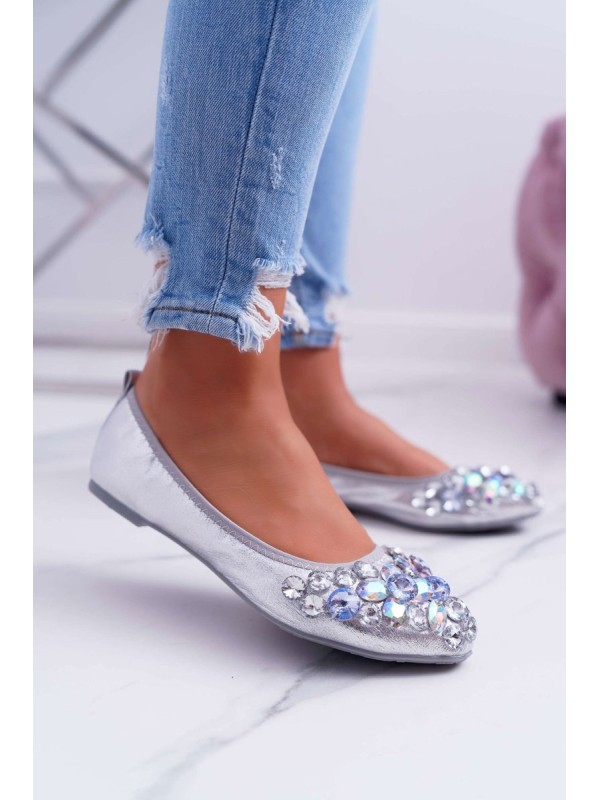 Leather Ballerinas with Stones Silver Crystal
