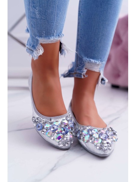 Leather Ballerinas with Stones Silver Crystal