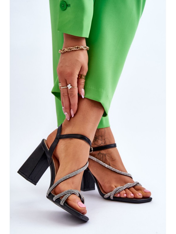 Leather Sandals With Rhinestones Heels Black Carlotta