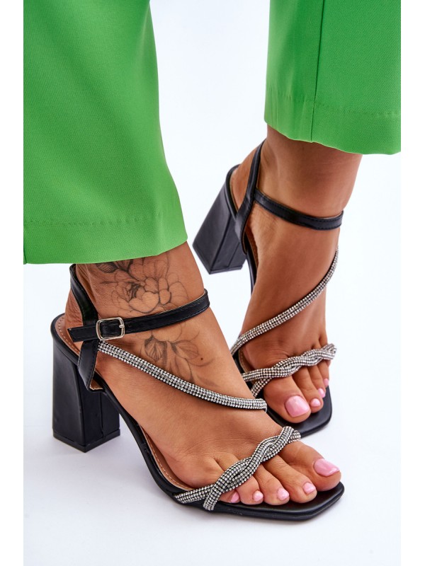 Leather Sandals With Rhinestones Heels Black Carlotta