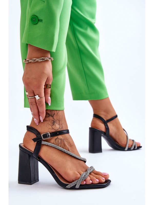 Leather Sandals With Rhinestones Heels Black Carlotta