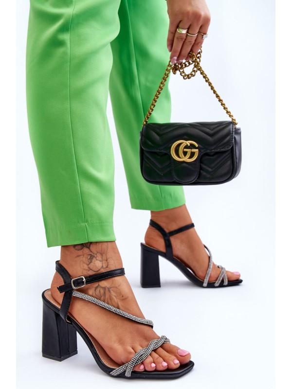 Leather Sandals With Rhinestones Heels Black Carlotta