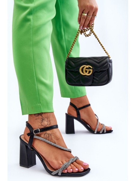 Leather Sandals With Rhinestones Heels Black Carlotta