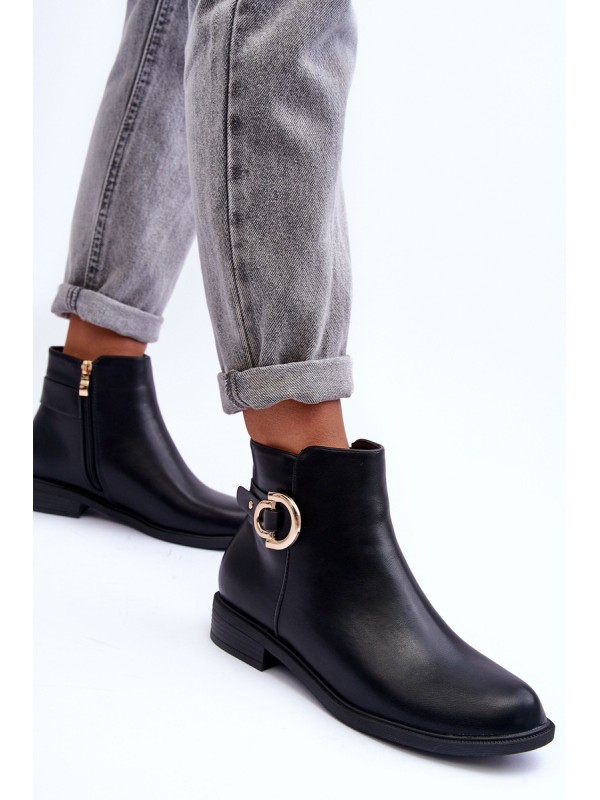 Leather Ankle Boots with Flat Heel Black Meronei