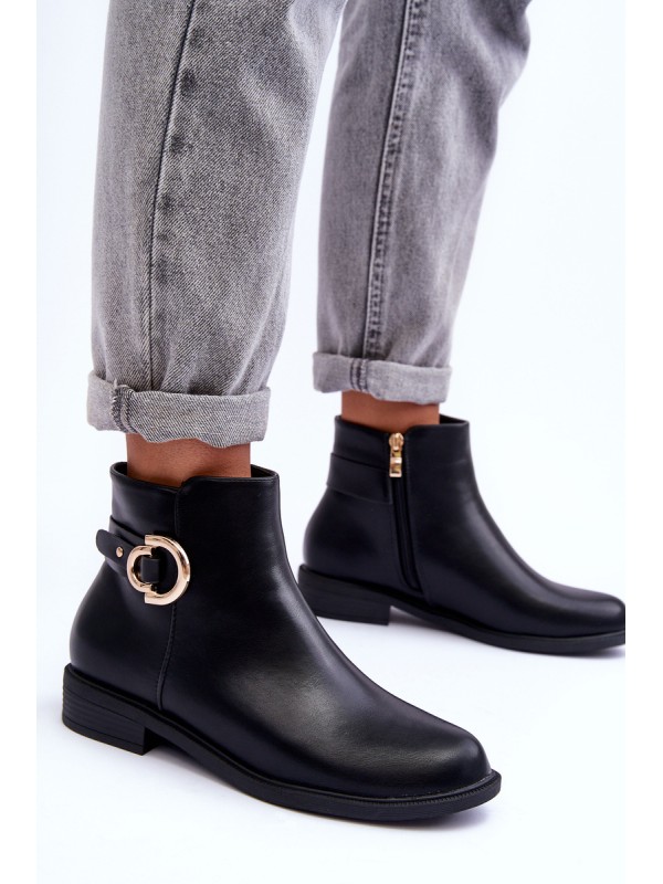 Leather Ankle Boots with Flat Heel Black Meronei