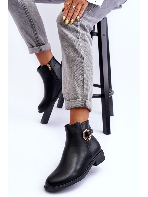 Leather Ankle Boots with Flat Heel Black Meronei