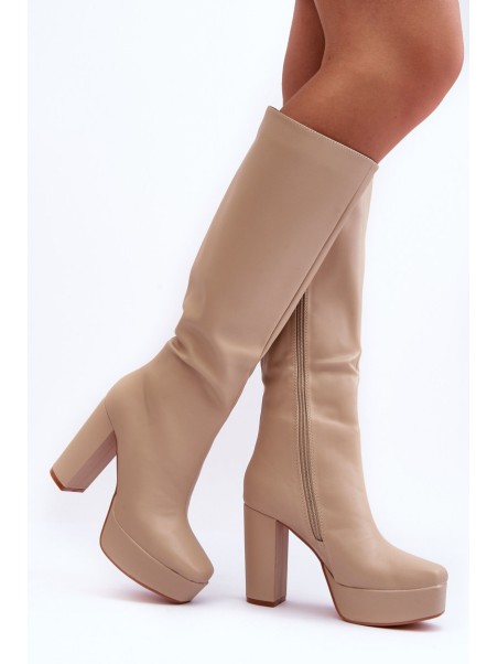 Women's Over The Knee Boots On Heel And Platform Beige Baldrema