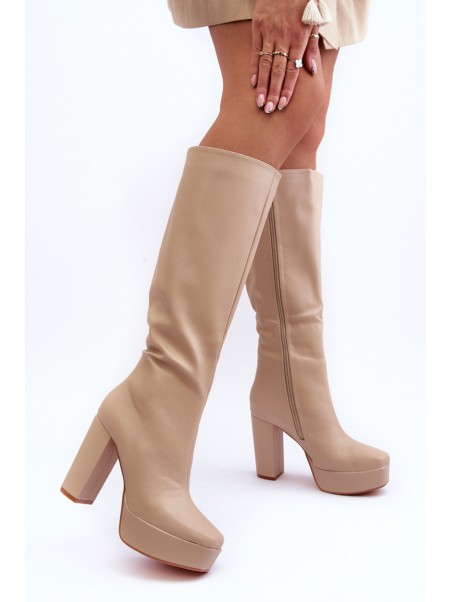 Women's Over The Knee Boots On Heel And Platform Beige Baldrema