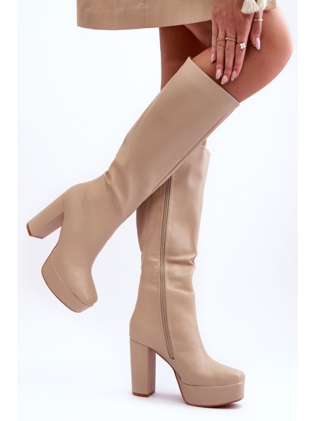 Women's Over The Knee Boots On Heel And Platform Beige Baldrema