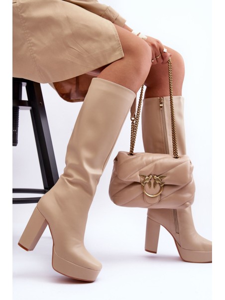 Women's Over The Knee Boots On Heel And Platform Beige Baldrema