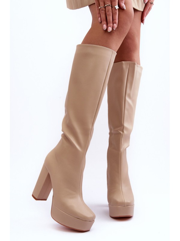 Women's Over The Knee Boots On Heel And Platform Beige Baldrema