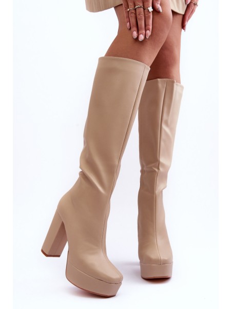Women's Over The Knee Boots On Heel And Platform Beige Baldrema