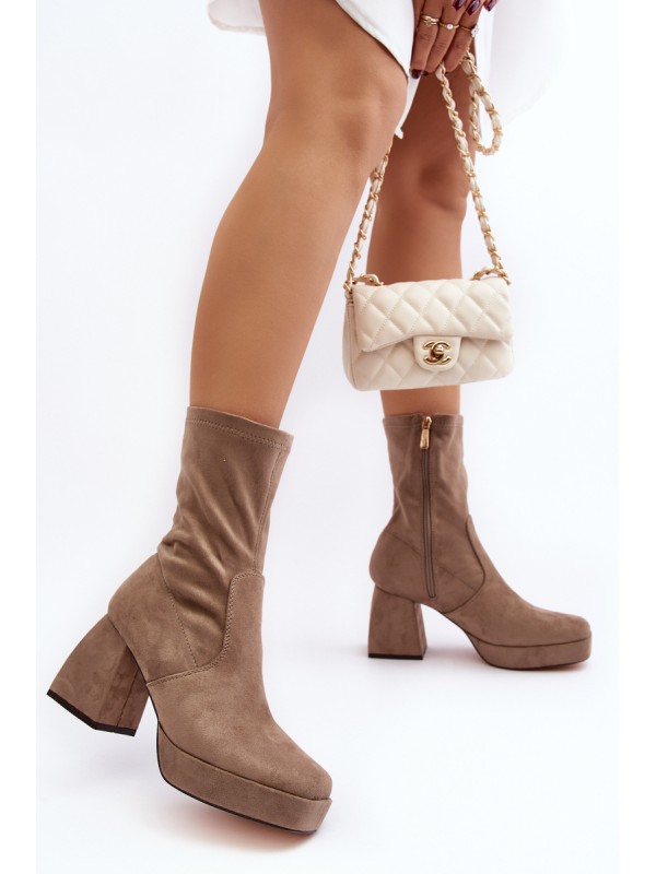 Women's ankle boots with chunky heel and platform in dark beige Adelles