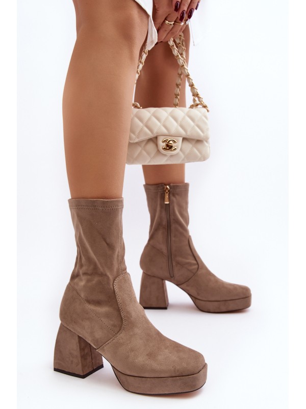 Women's ankle boots with chunky heel and platform in dark beige Adelles
