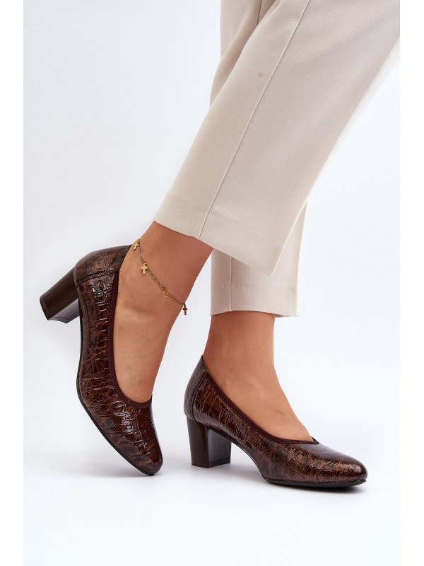 Brown Embossed Patent Leather Pumps Cynania