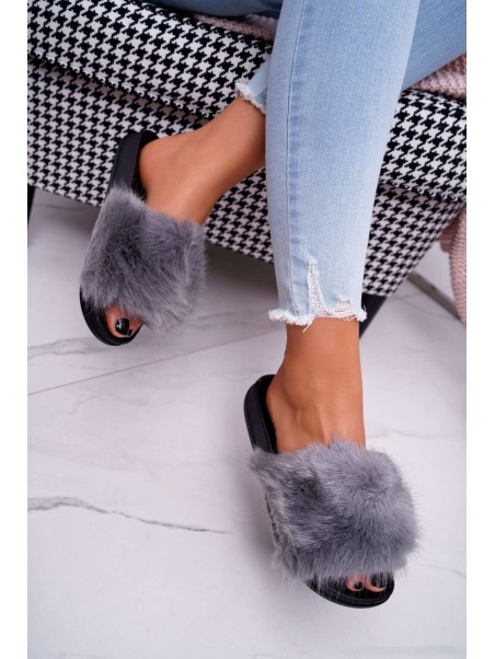 Women's Flip Flops with Fur Grey Black NiceFur