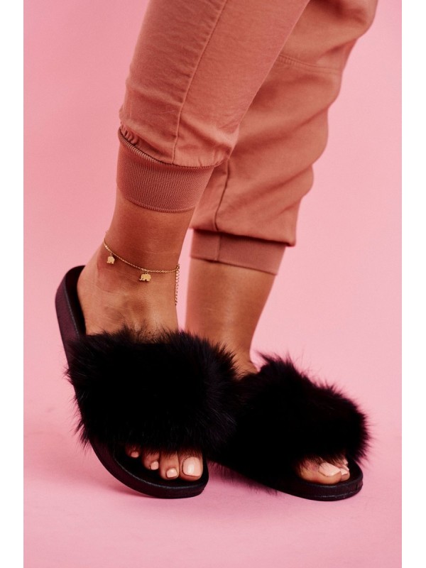 Women's Slides With Fur Black Belmondo