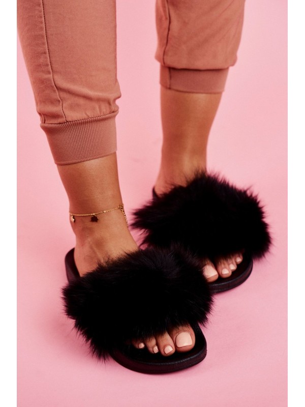 Women's Slides With Fur Black Belmondo