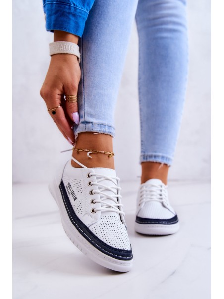 Women's Leather Sneakers White and Navy Blue Cloesa