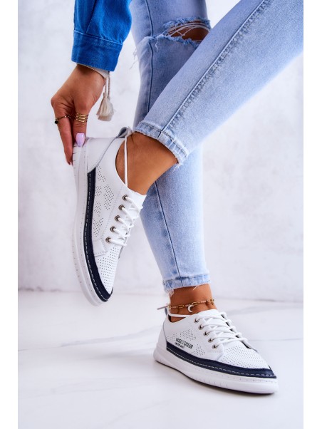 Women's Leather Sneakers White and Navy Blue Cloesa