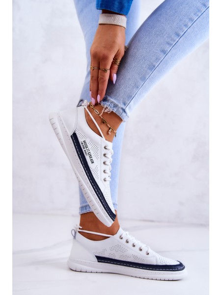 Women's Leather Sneakers White and Navy Blue Cloesa