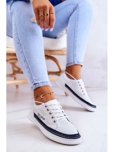 Women's Leather Sneakers White and Navy Blue Cloesa