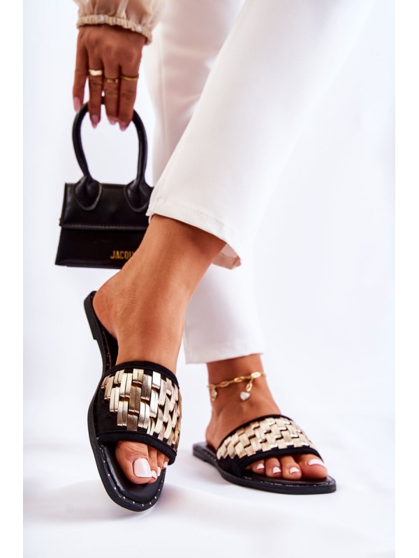 Women's Leather Slippers On A Flat Heel Black Hollis