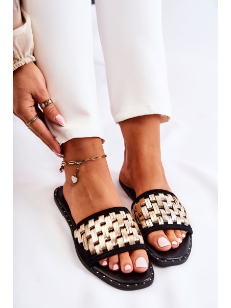 Women's Leather Slippers On A Flat Heel Black Hollis