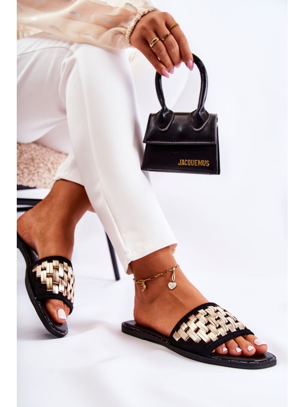 Women's Leather Slippers On A Flat Heel Black Hollis