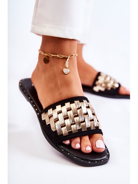 Women's Leather Slippers On A Flat Heel Black Hollis