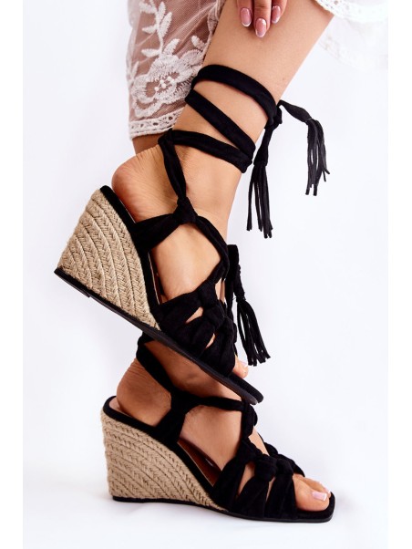 Suede Tied Wedge Sandals Black Flavia