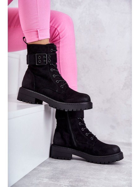 Women's Lace-up Suede Flat Heel Boots Black Firmina