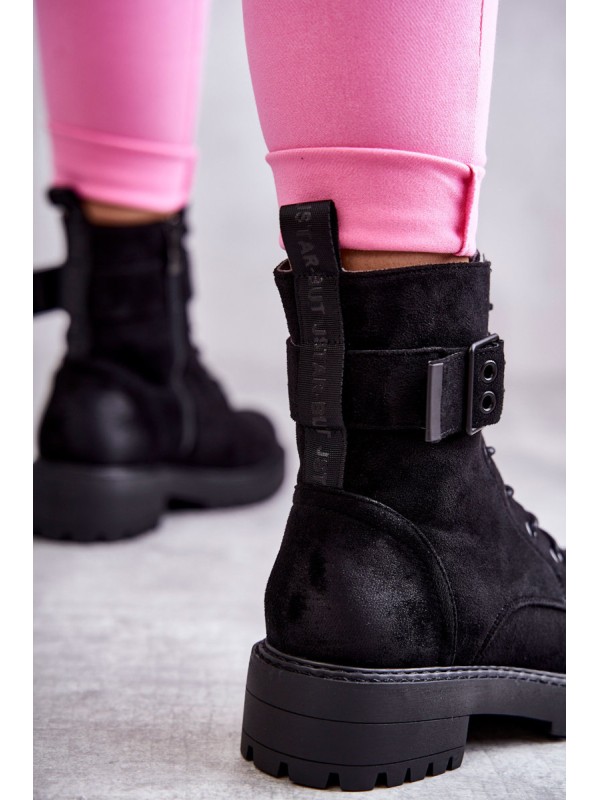 Women's Lace-up Suede Flat Heel Boots Black Firmina