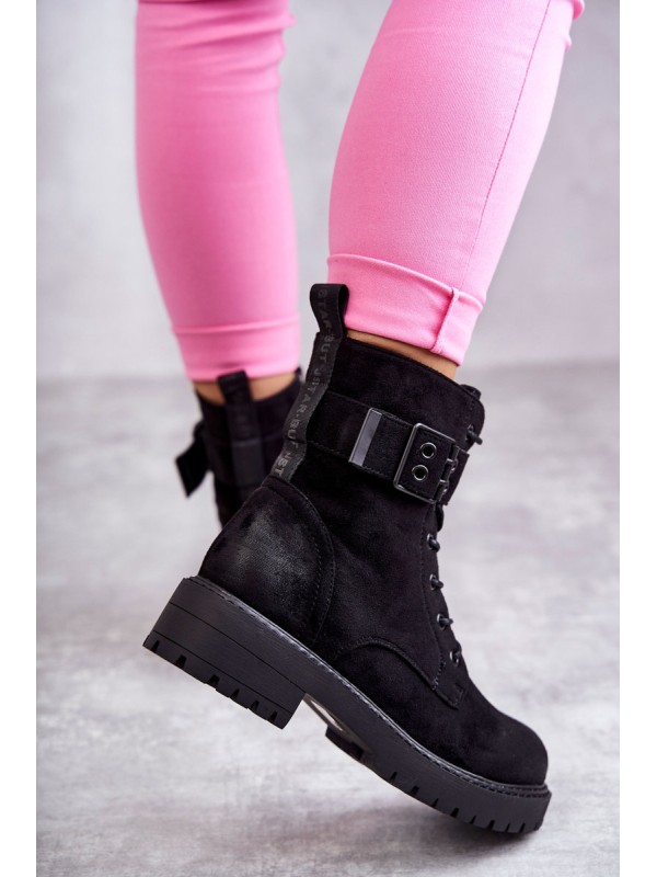 Women's Lace-up Suede Flat Heel Boots Black Firmina