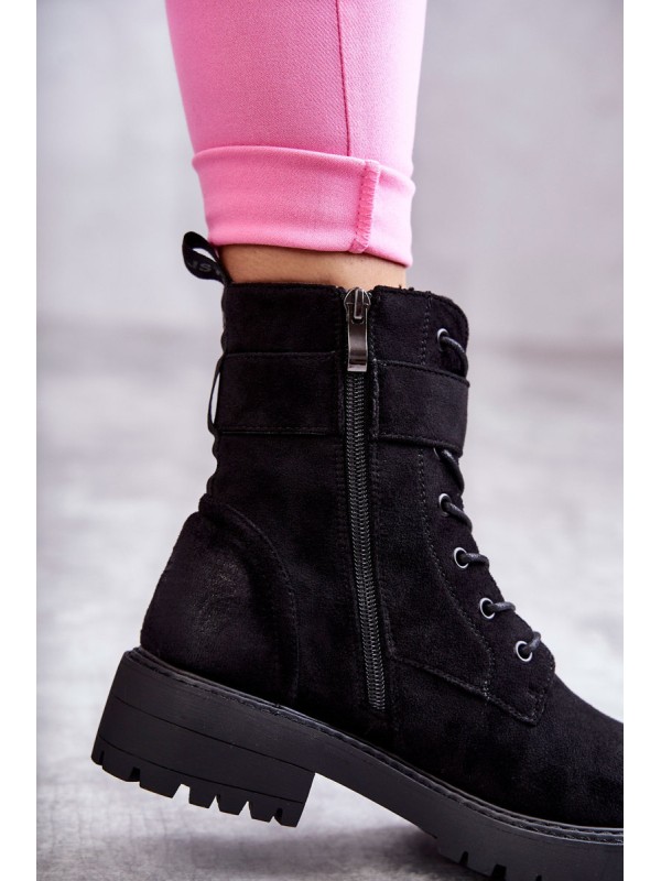 Women's Lace-up Suede Flat Heel Boots Black Firmina