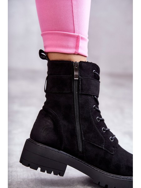 Women's Lace-up Suede Flat Heel Boots Black Firmina