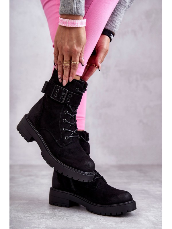 Women's Lace-up Suede Flat Heel Boots Black Firmina