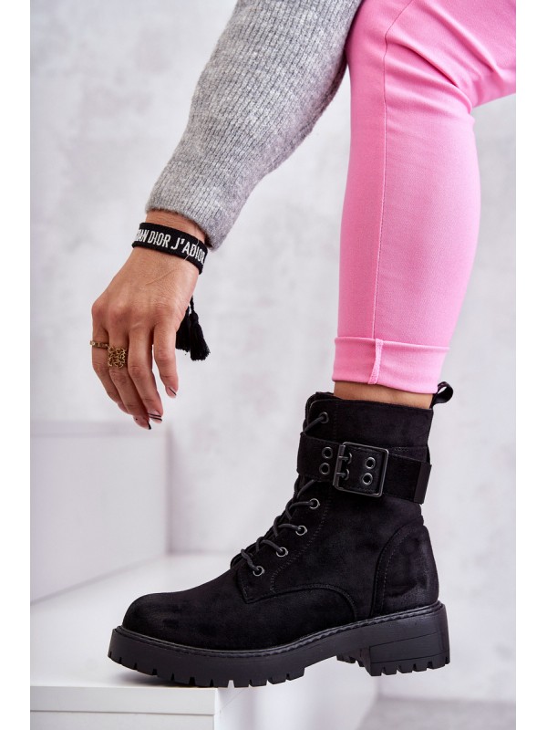 Women's Lace-up Suede Flat Heel Boots Black Firmina